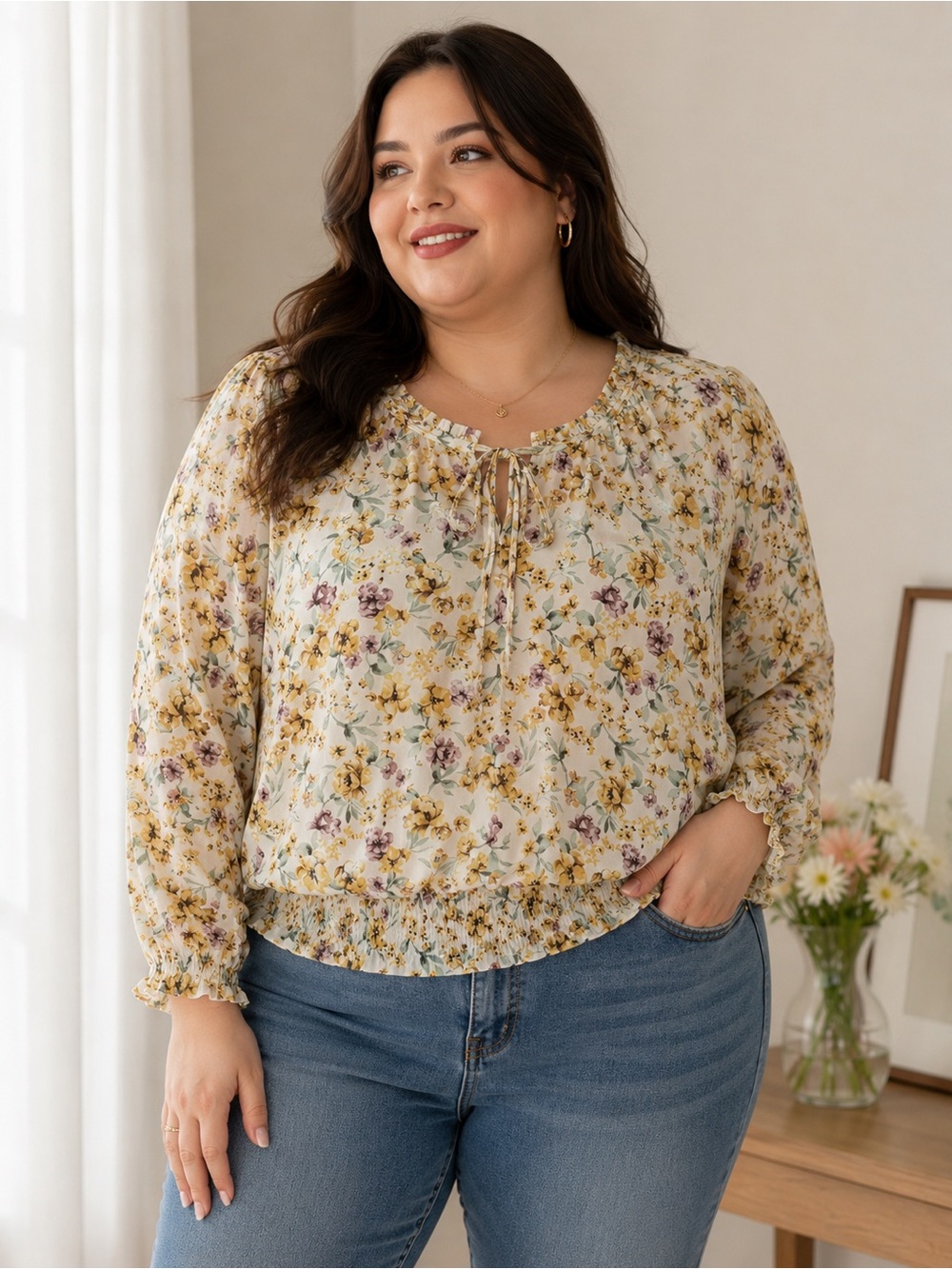 Reitmans Cream Floral Smocked-Hem Tie Neck Blouse